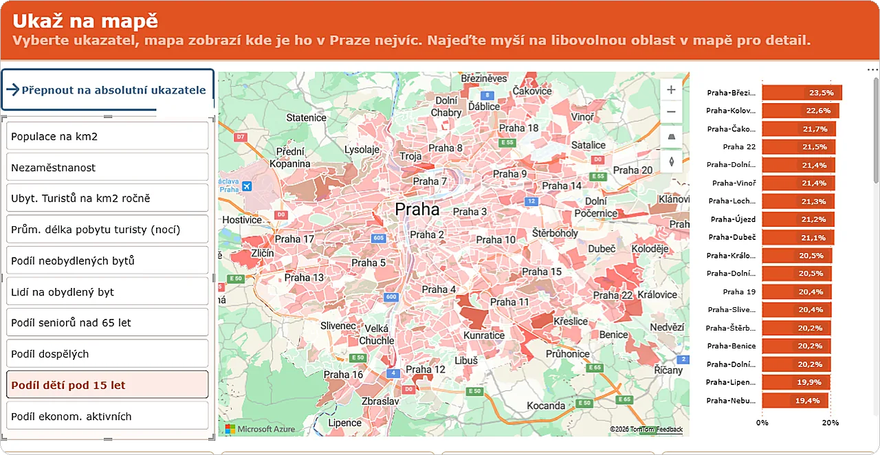 Mapa Prahy: podíl dětí pod 15 let