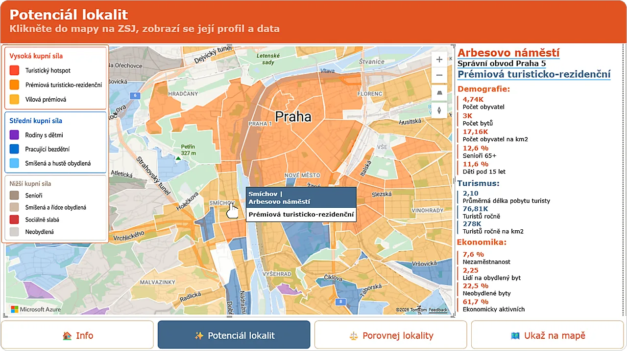 Klasifikační mapa pražských lokalit s profilem vybrané lokality