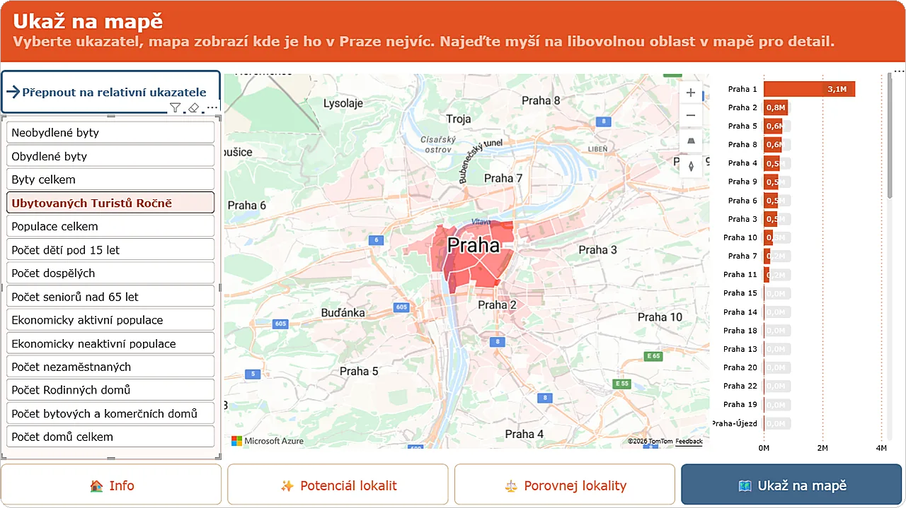 Mapa Prahy: ubytovaní turisté ročně